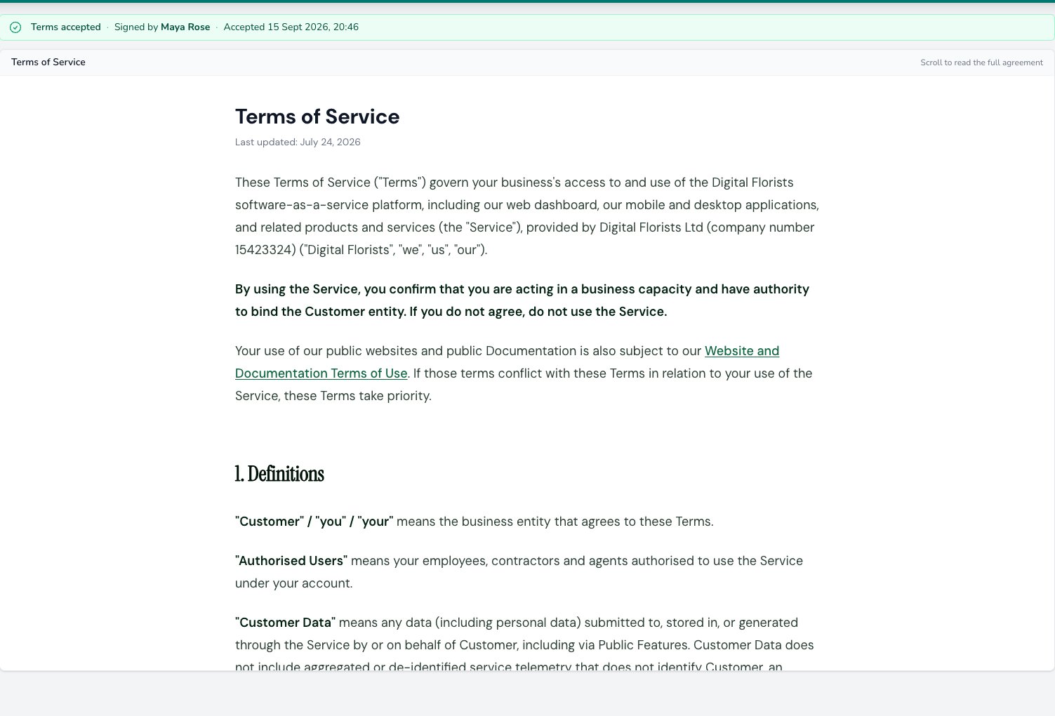 Legal settings page showing a Terms accepted banner with the signer's name and the acceptance date, above the Terms of Service document beginning with its introduction and definitions