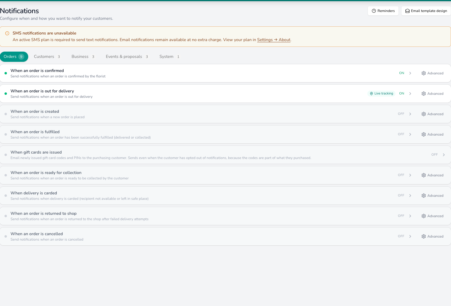 Notifications settings page on the Orders tab showing nine order events, with order confirmed and out for delivery switched on and the others off, an SMS unavailable notice above, and tabs for Customers, Business, Events and proposals and System.