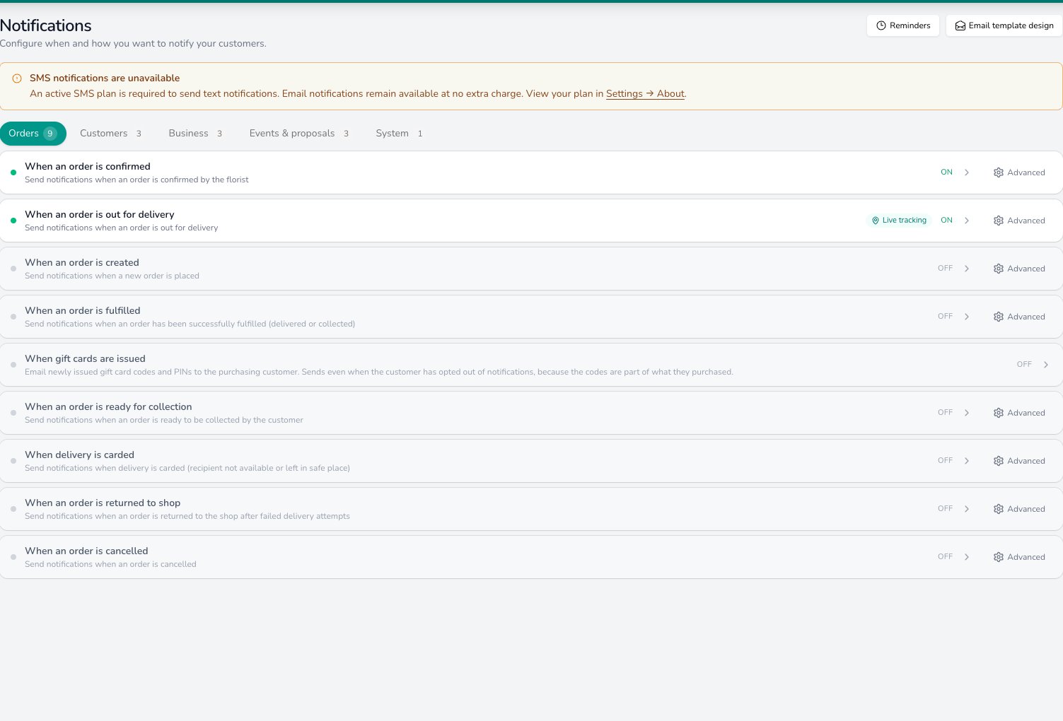 Notifications settings page on the Orders tab showing nine order events, with order confirmed and out for delivery switched on and the others off, an SMS unavailable notice above, and tabs for Customers, Business, Events and proposals and System.