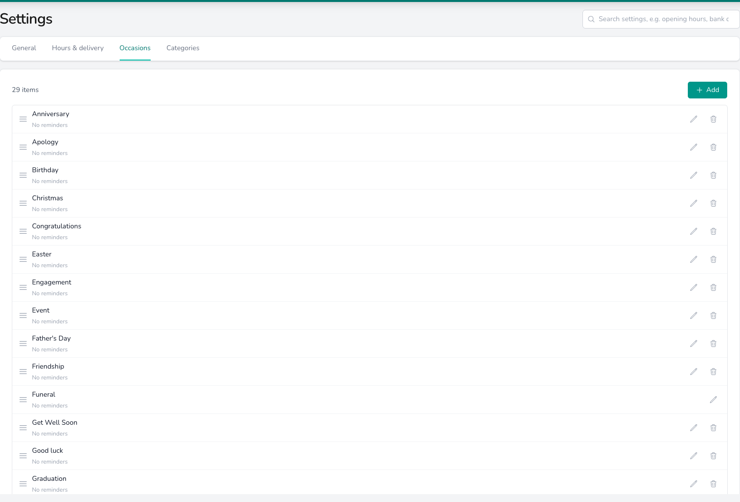 Settings Occasions tab listing occasions from Anniversary to Graduation, each with a drag handle, a No reminders note and edit and delete icons, with an Add button top right