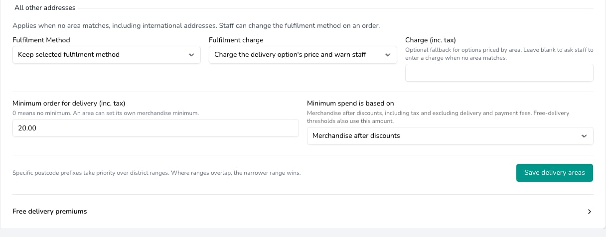 All other addresses section with Fulfilment Method set to Keep selected fulfilment method, Fulfilment charge set to Charge the delivery option's price and warn staff, a blank Charge field, Minimum order for delivery 20.00, Minimum spend based on Merchandise after discounts, and a Save delivery areas button