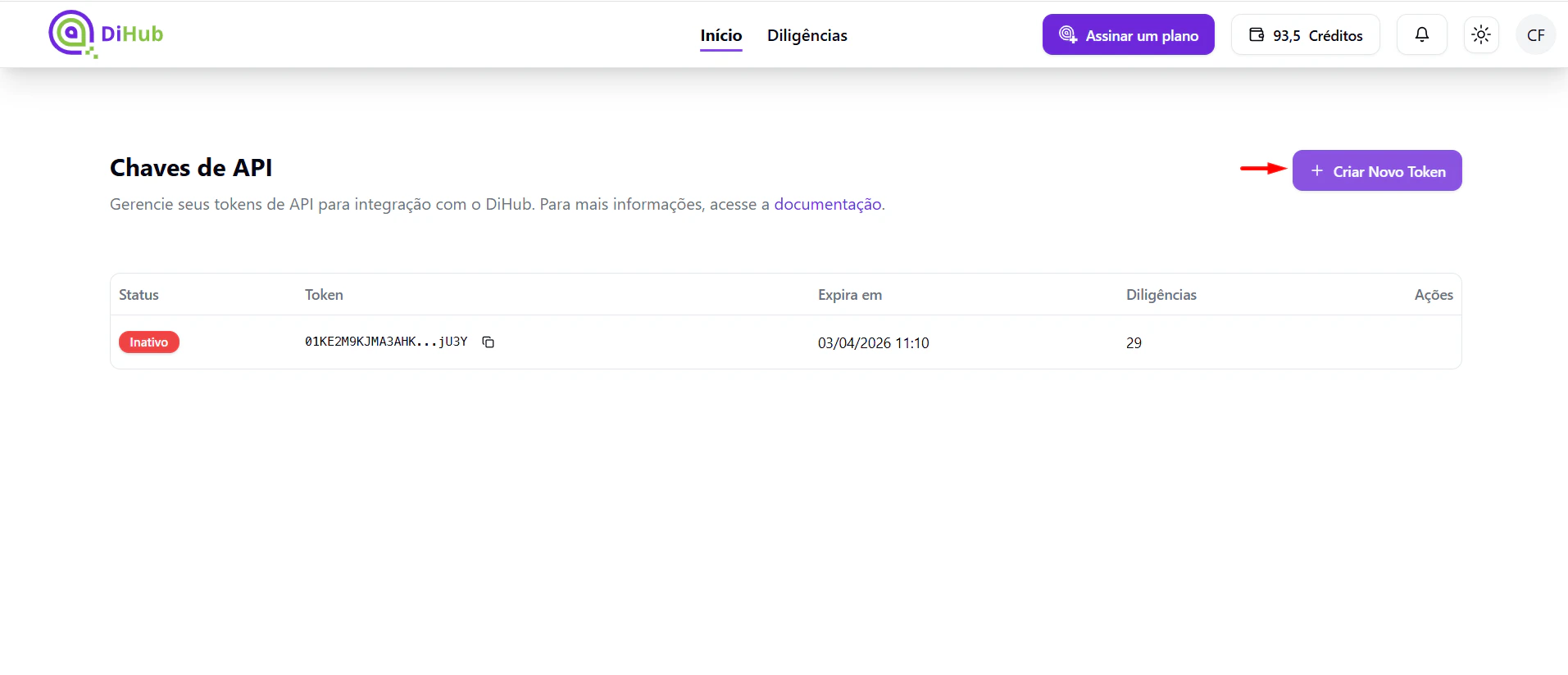 Botão Criar Novo Token na página de Chaves de API