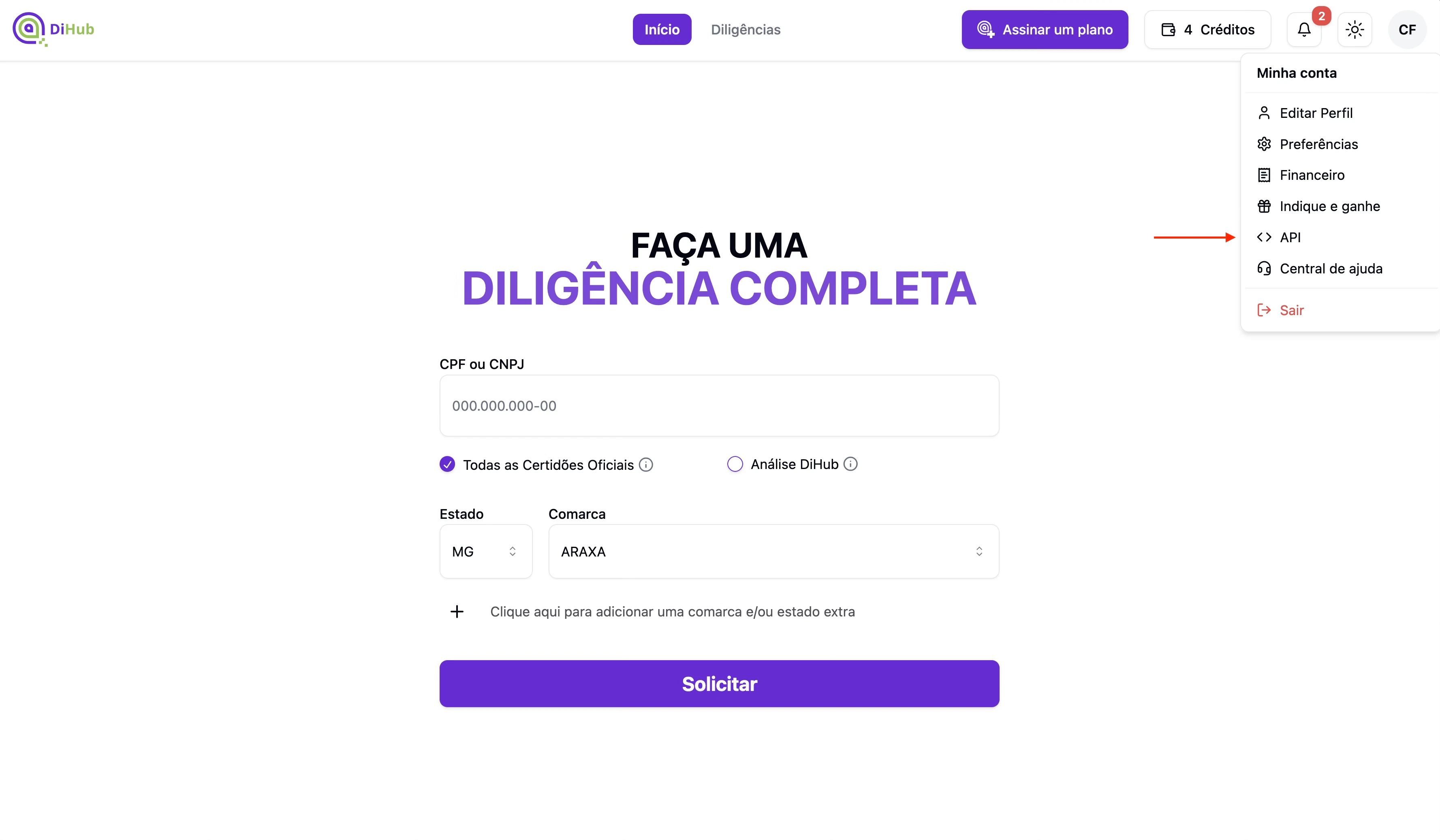 Menu Minha conta com opção API