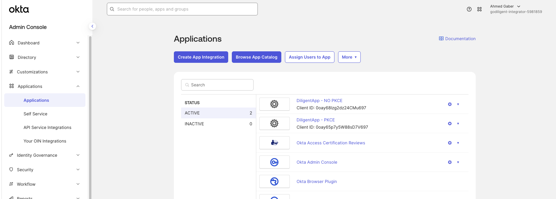 OKTA Applications page