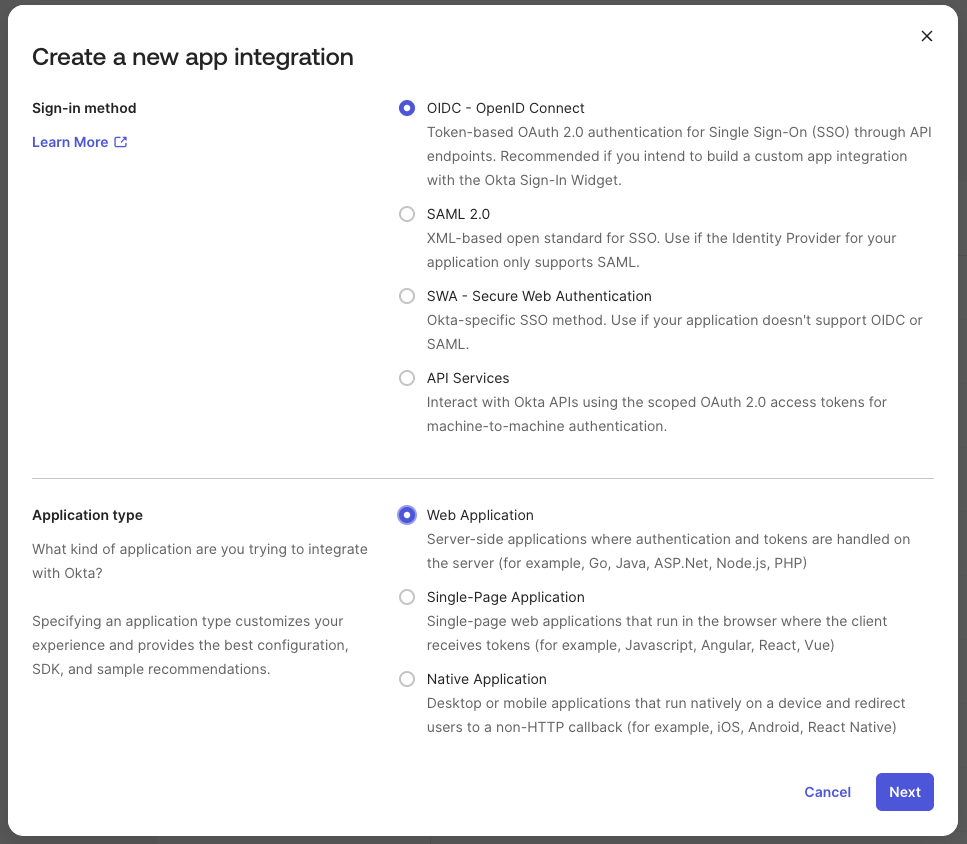 Create new app integration dialog