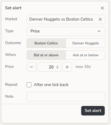 The Set alert form