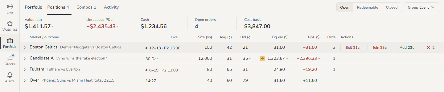 Portfolio: totals across the top, then one row per position with its actions on hover