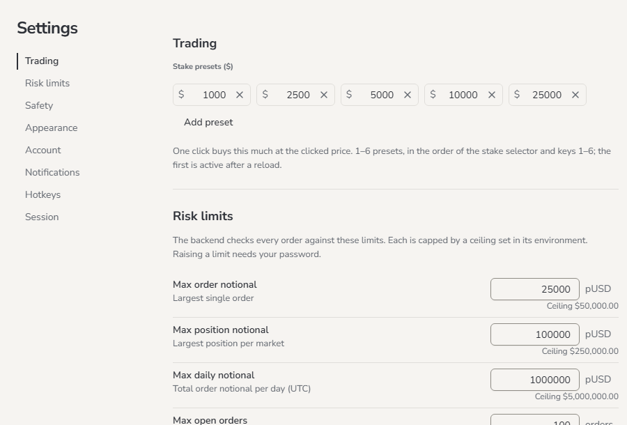 Settings: the section list on the left, stake presets and risk limits on the right