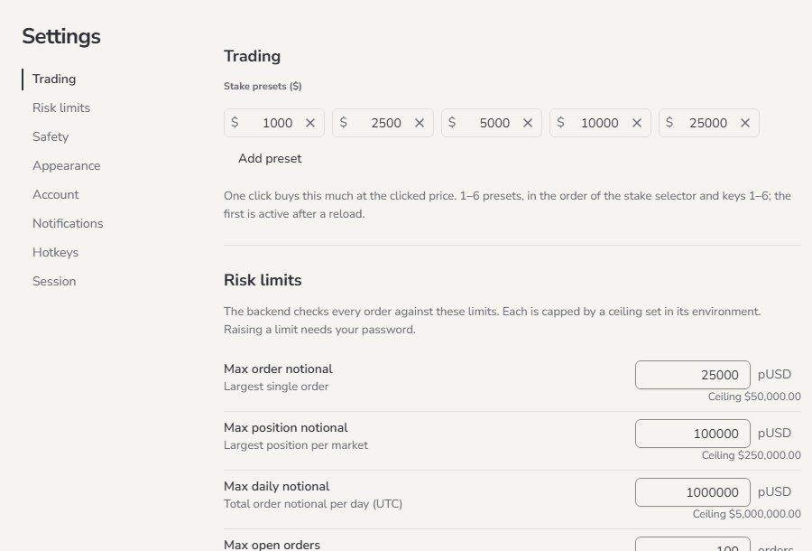 Settings: the section list on the left, stake presets and risk limits on the right