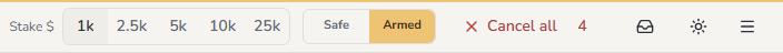 The right side of the top bar: stake, Safe/Armed switch, Cancel all, notifications, theme, menu