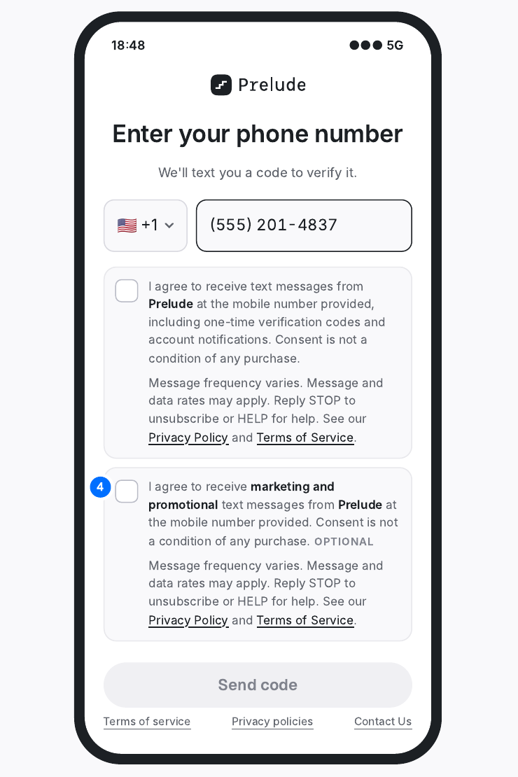 Opt-in screen with a transactional checkbox and an optional marketing checkbox