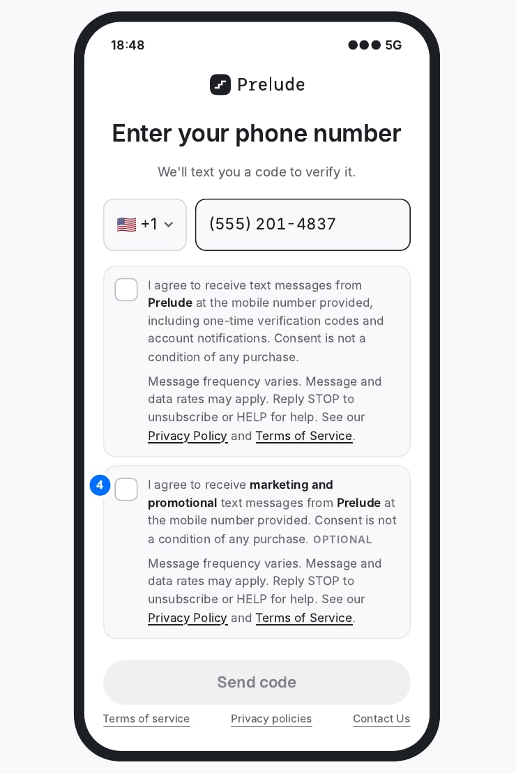 Opt-in screen with a transactional checkbox and an optional marketing checkbox