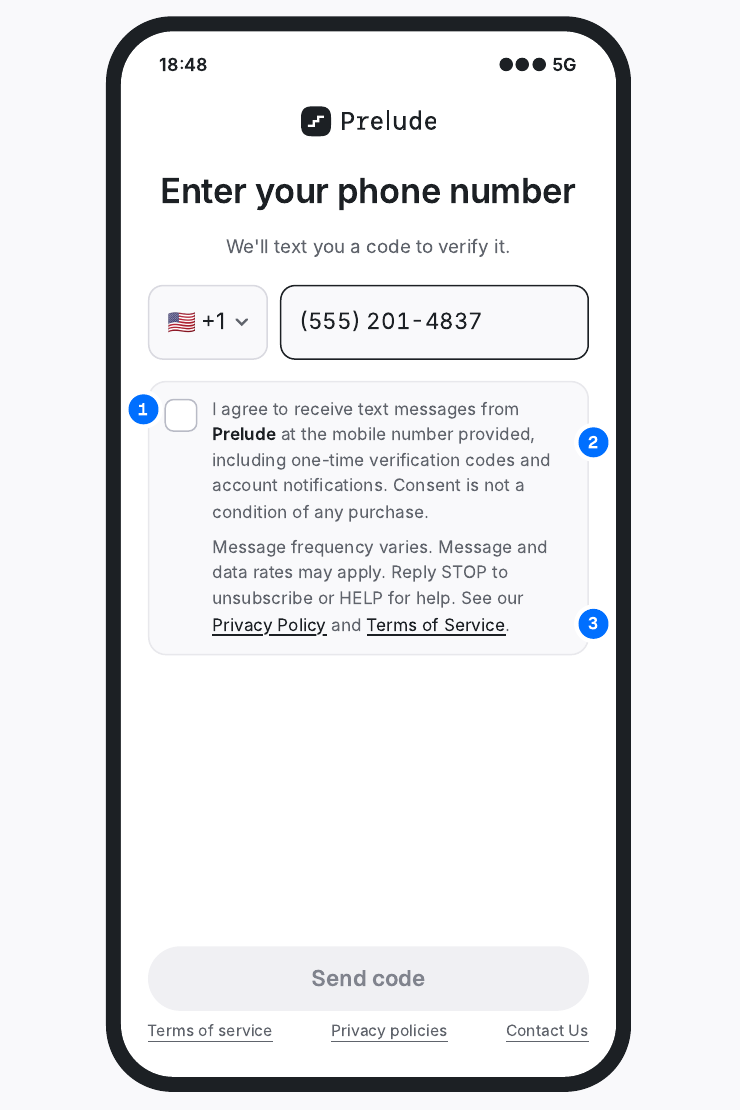 Opt-in screen with one consent checkbox