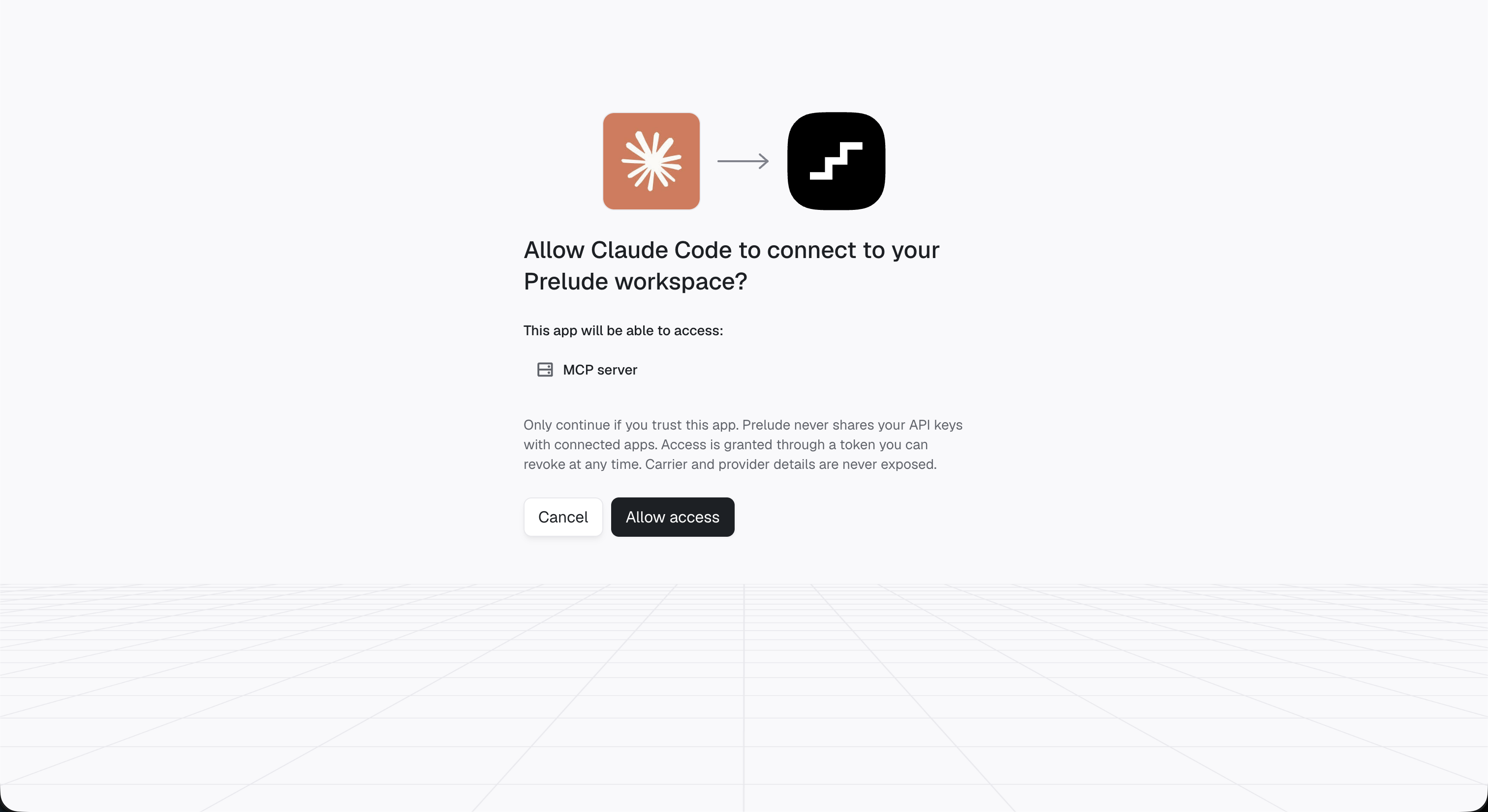 Consent screen asking to allow Claude to connect to your Prelude workspace
