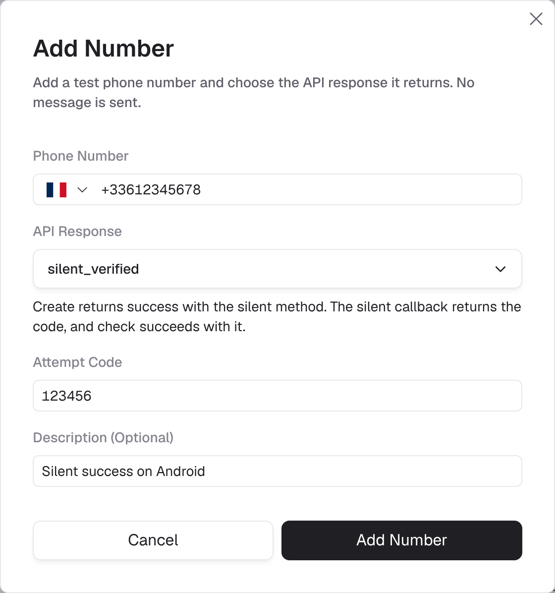 Add Number dialog with the silent_verified API response selected