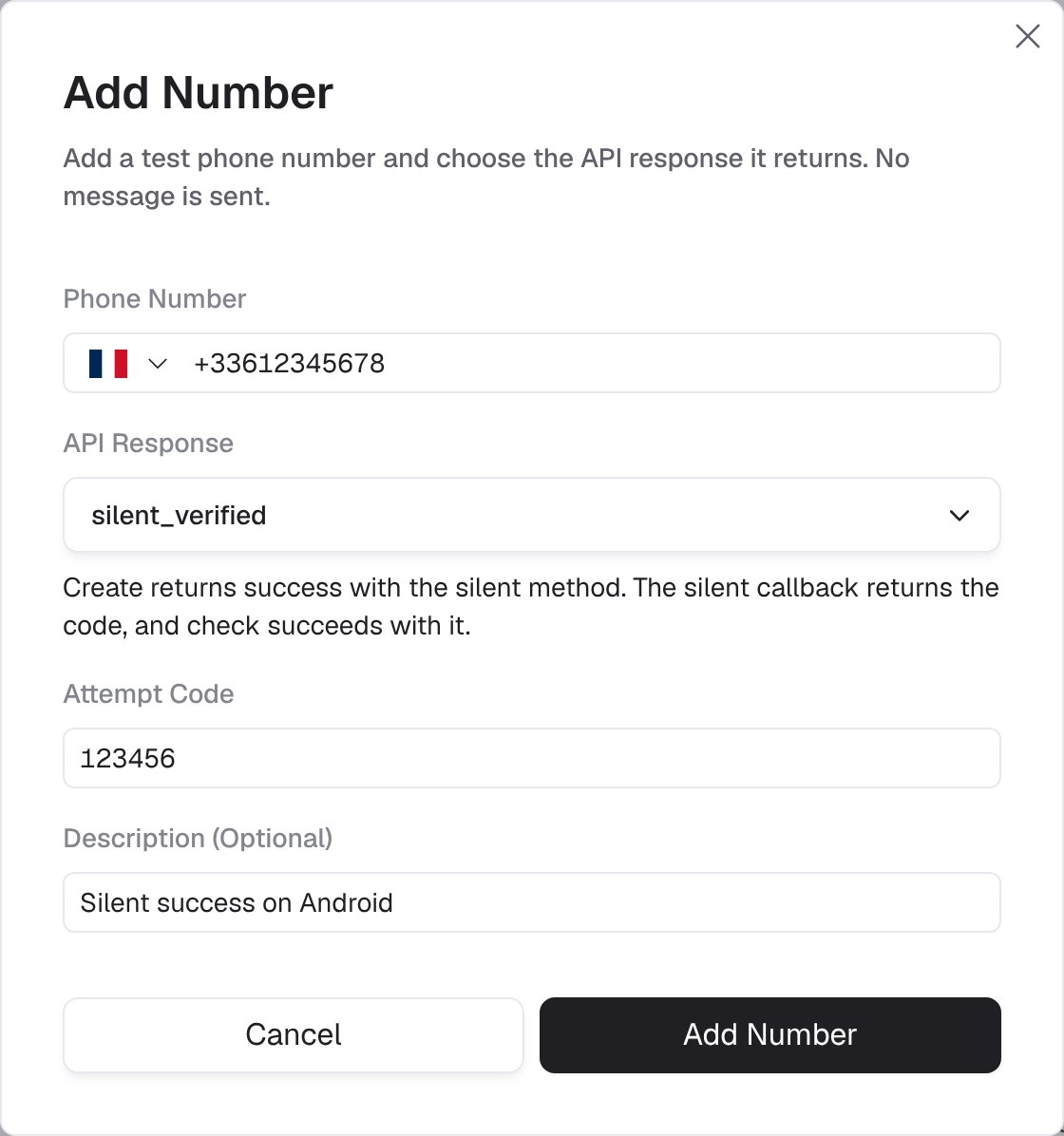Add Number dialog with the silent_verified API response selected