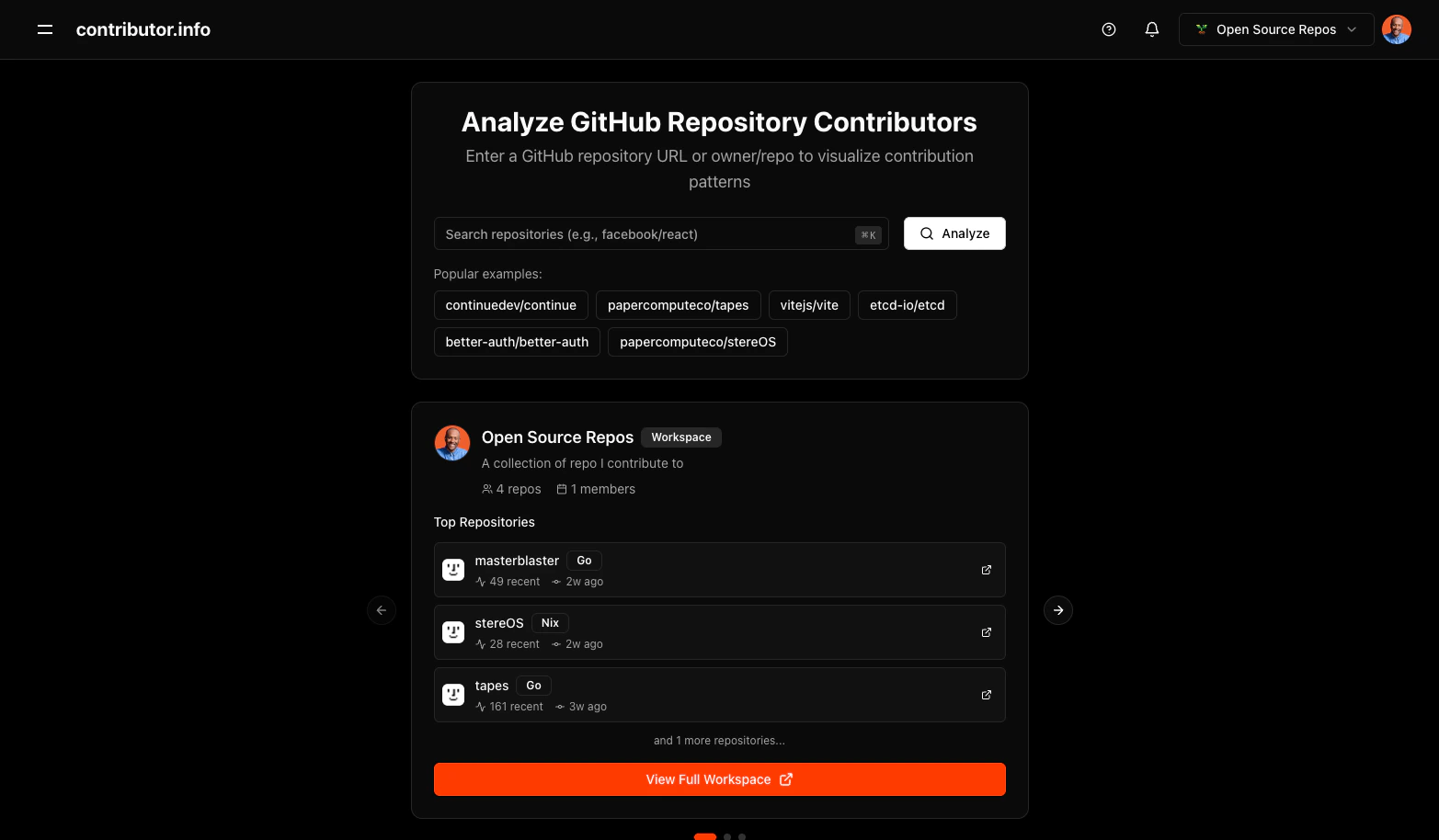 Repository search with popular examples and workspace carousel