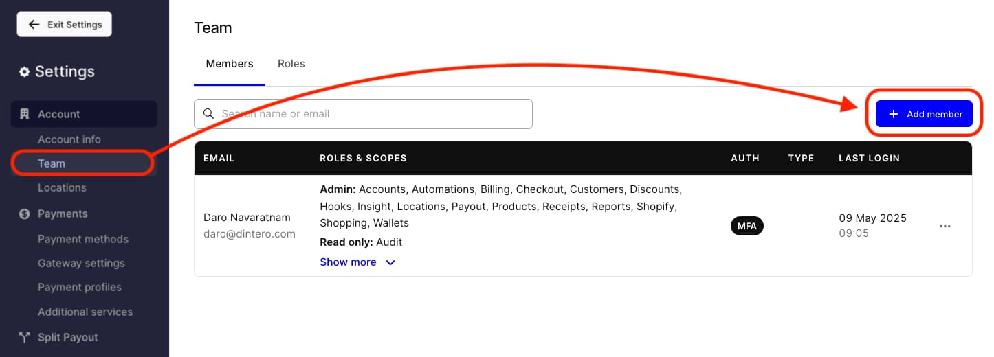 Team page in Dintero Backoffice with Add member button highlighted