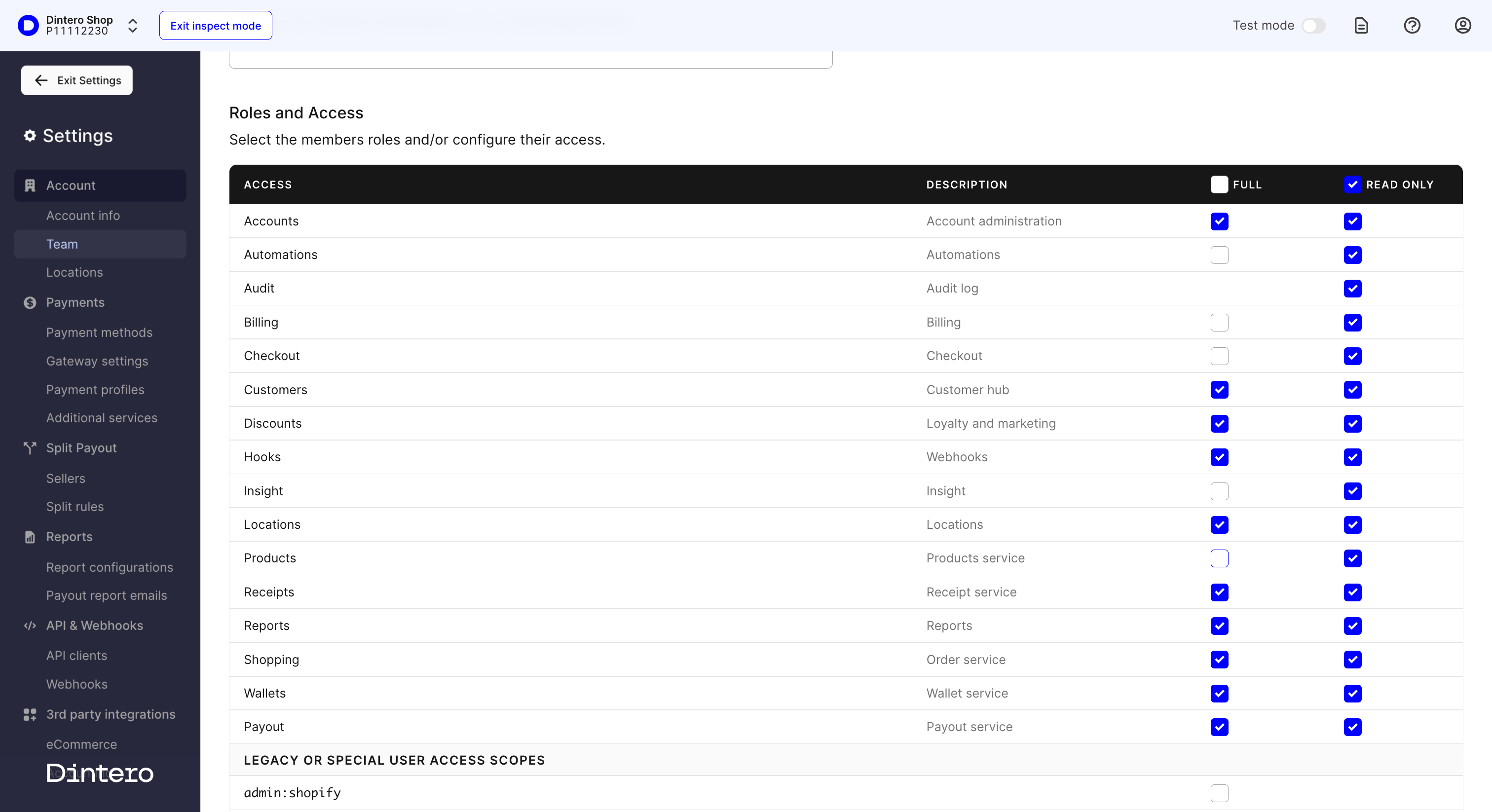 Roles and access selection screen showing Full and Read only columns