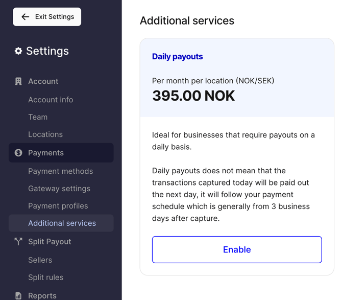 Additional services settings in Dintero Backoffice