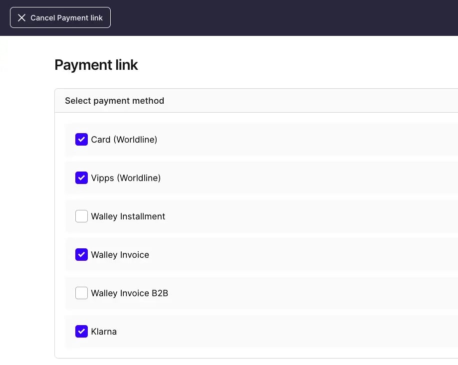 Select payment methods for the link