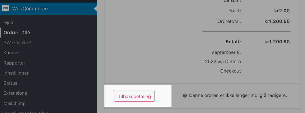 Refund button on a WooCommerce order
