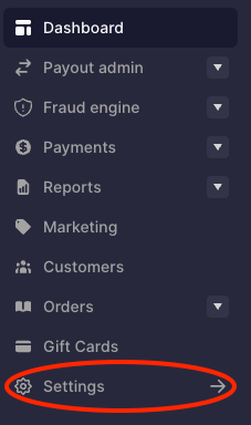 Dintero Backoffice left navigation with Settings highlighted