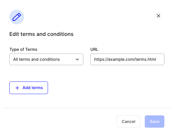Terms and conditions URL field in account settings
