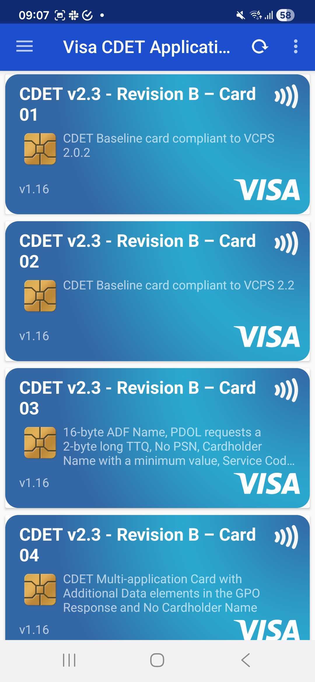List of CDET test cards with different behaviours