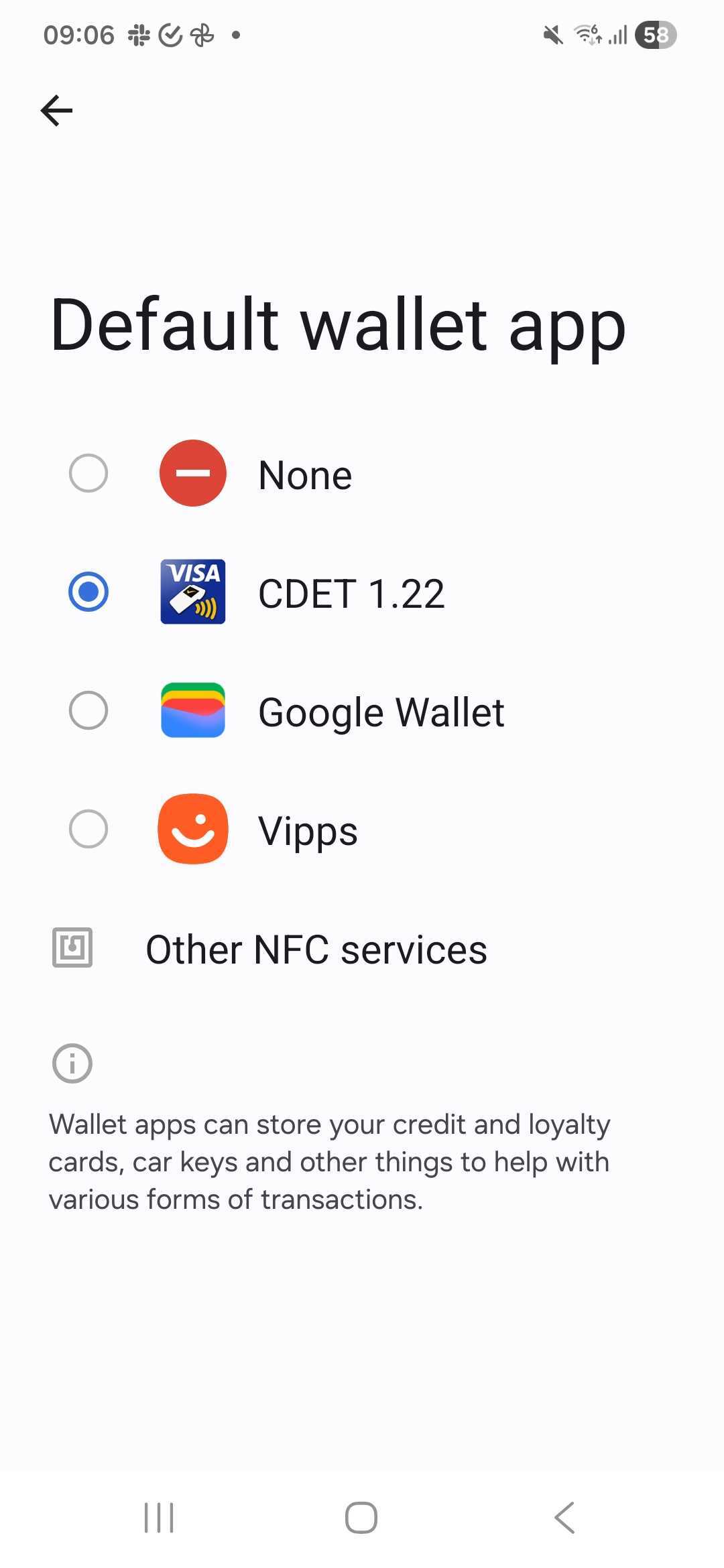 Selecting CDET 1.22 as the default wallet app in Android settings
