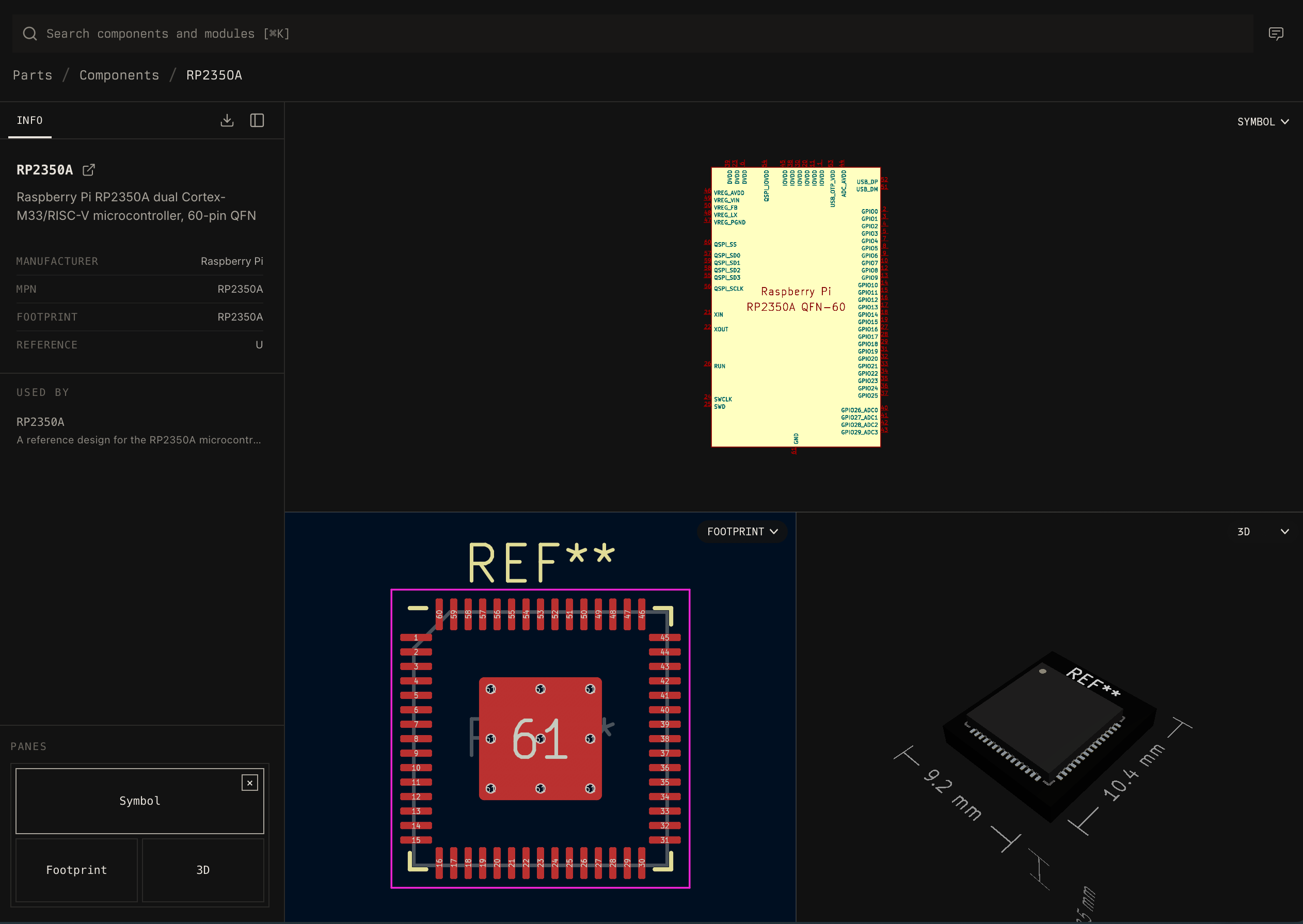 Registry component view showing symbol, footprint, 3D model, and part metadata
