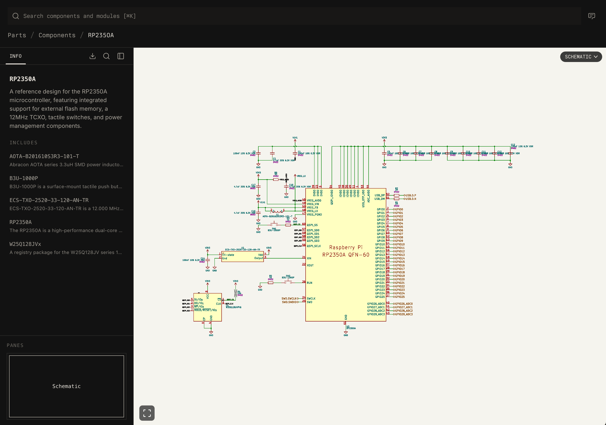 Registry module view showing a reusable RP2350A schematic module and included components