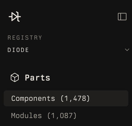 Registry sidebar showing the Diode registry with Components and Modules under Parts
