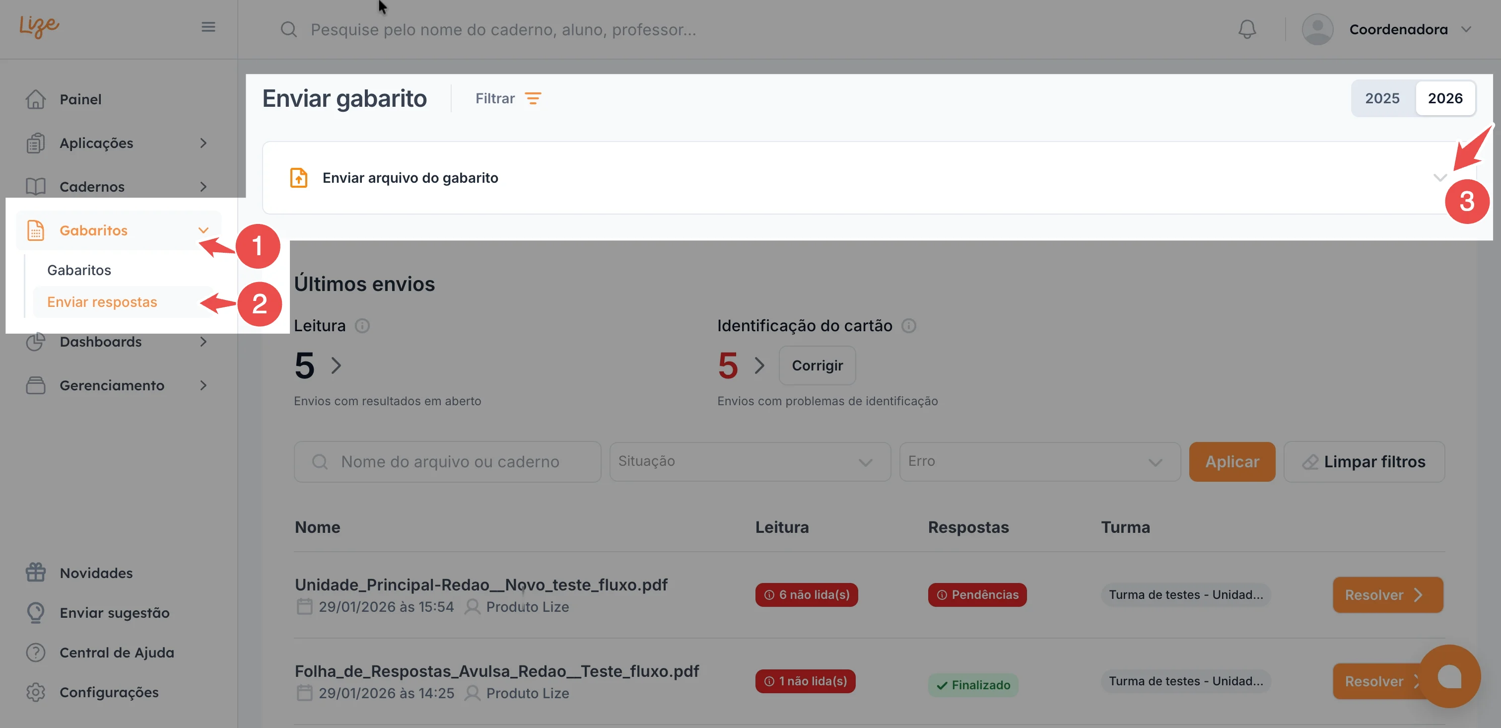 Tela de envio de respostas com seleção do modelo de gabarito