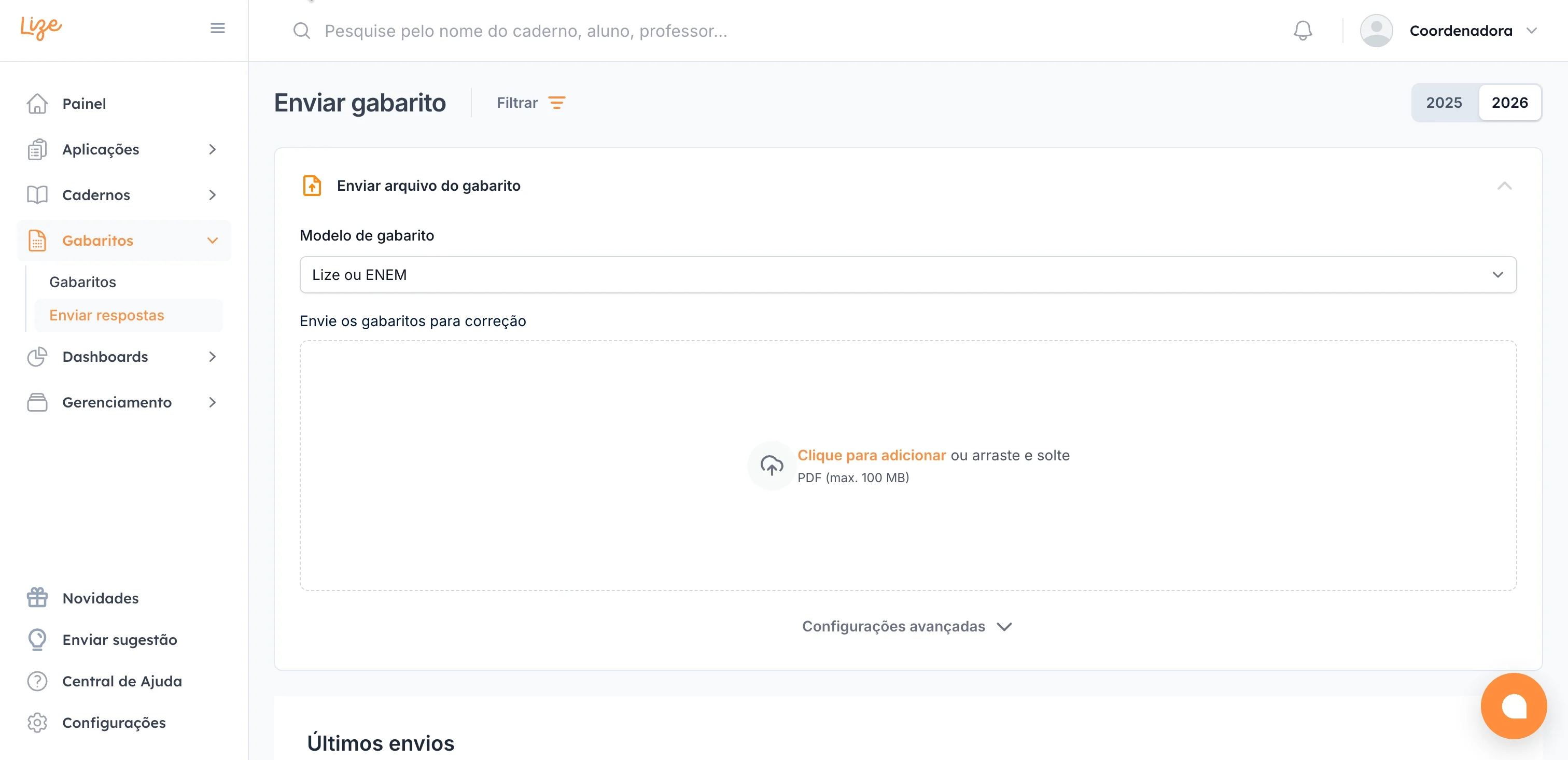 Seleção do arquivo e envio para correção automática