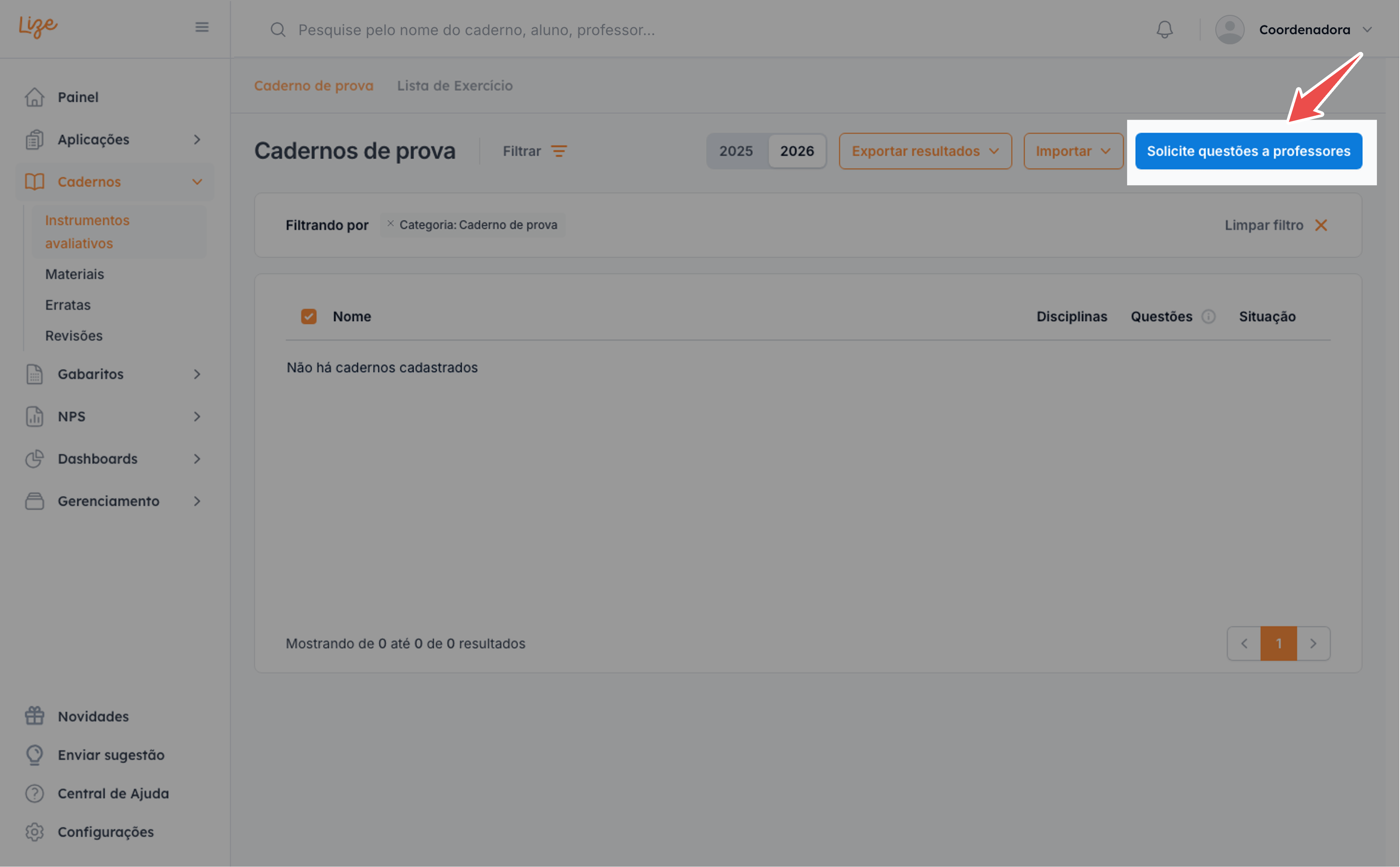 Tela de listagem com o botão Solicite questões a professores