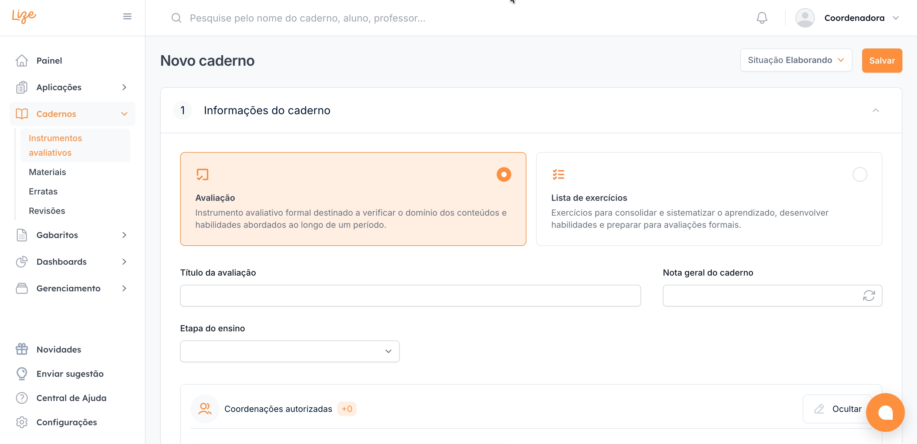 Tela de preenchimento das informações básicas do instrumento avaliativo