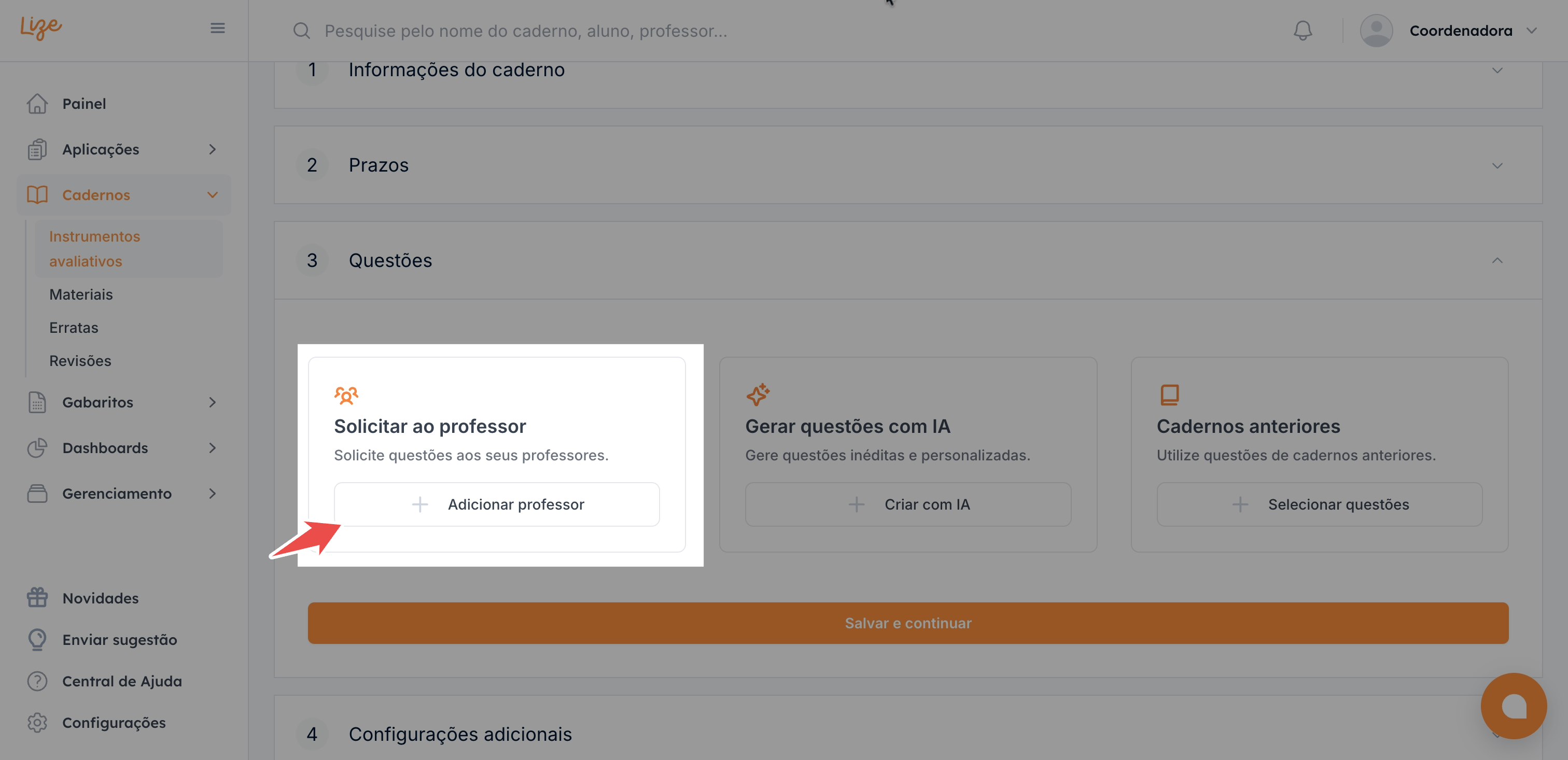 Modal para adicionar professores — passo 1