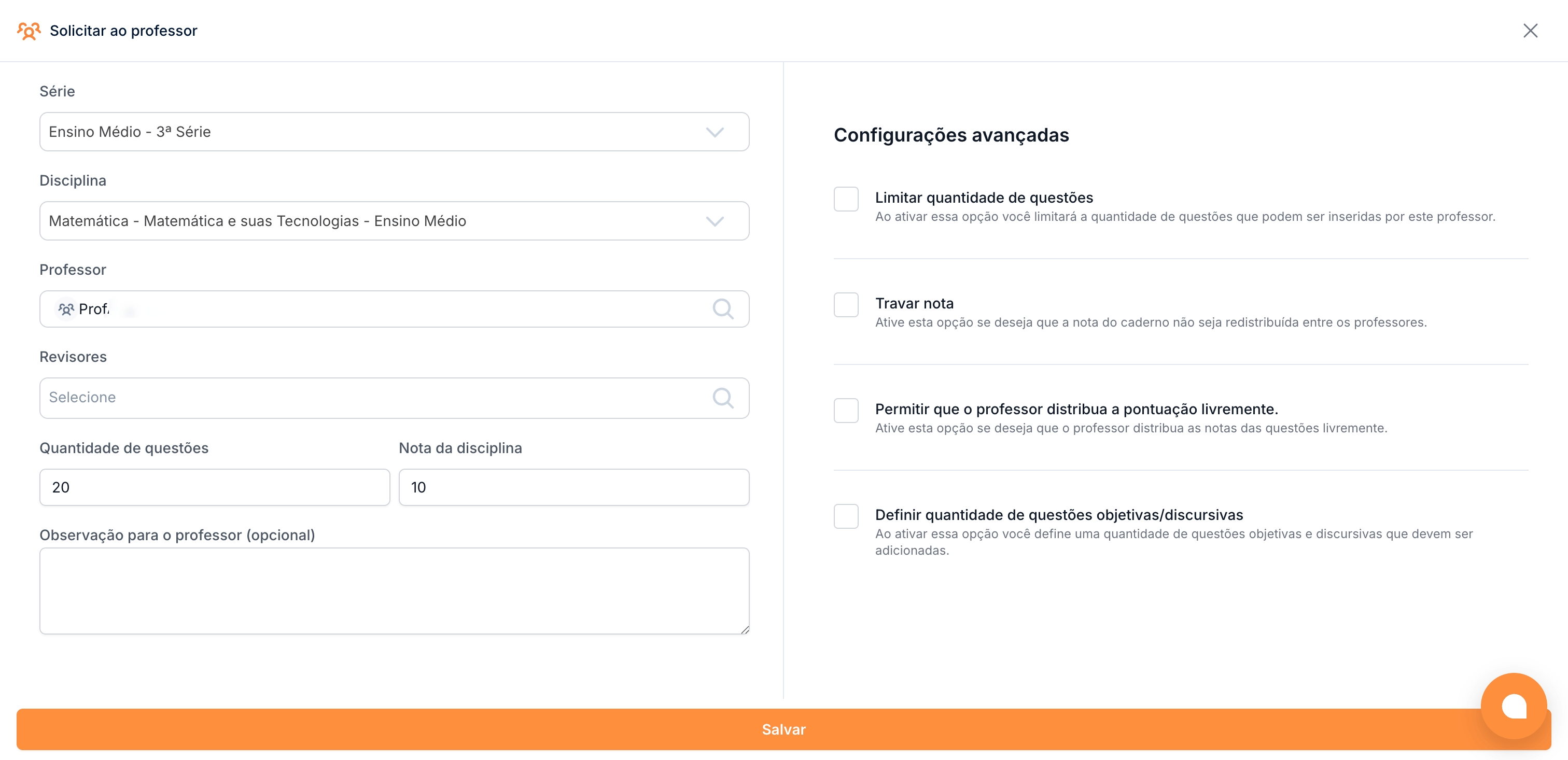 Modal para adicionar professores — passo 3