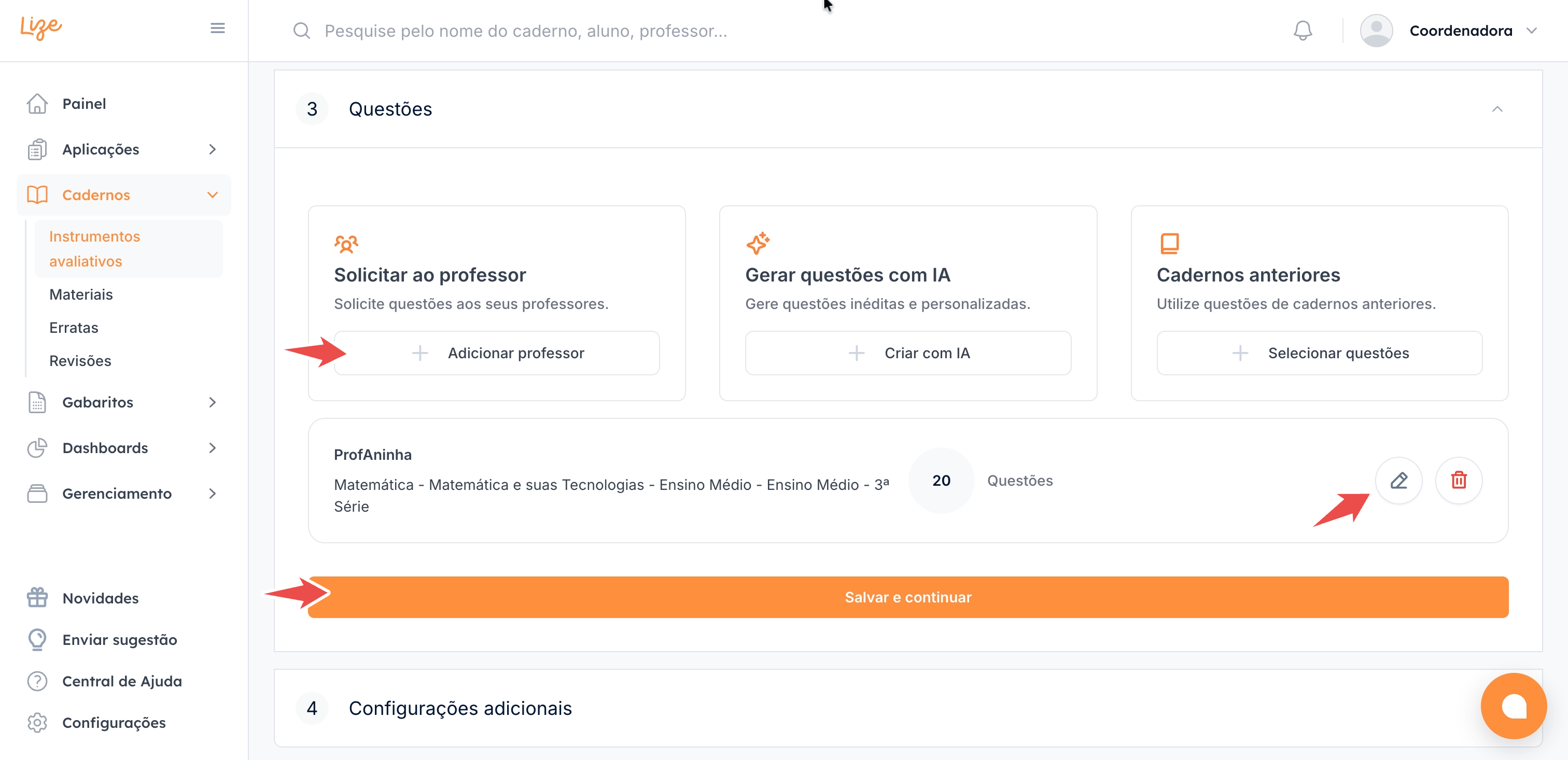 Modal para adicionar professores — passo 4
