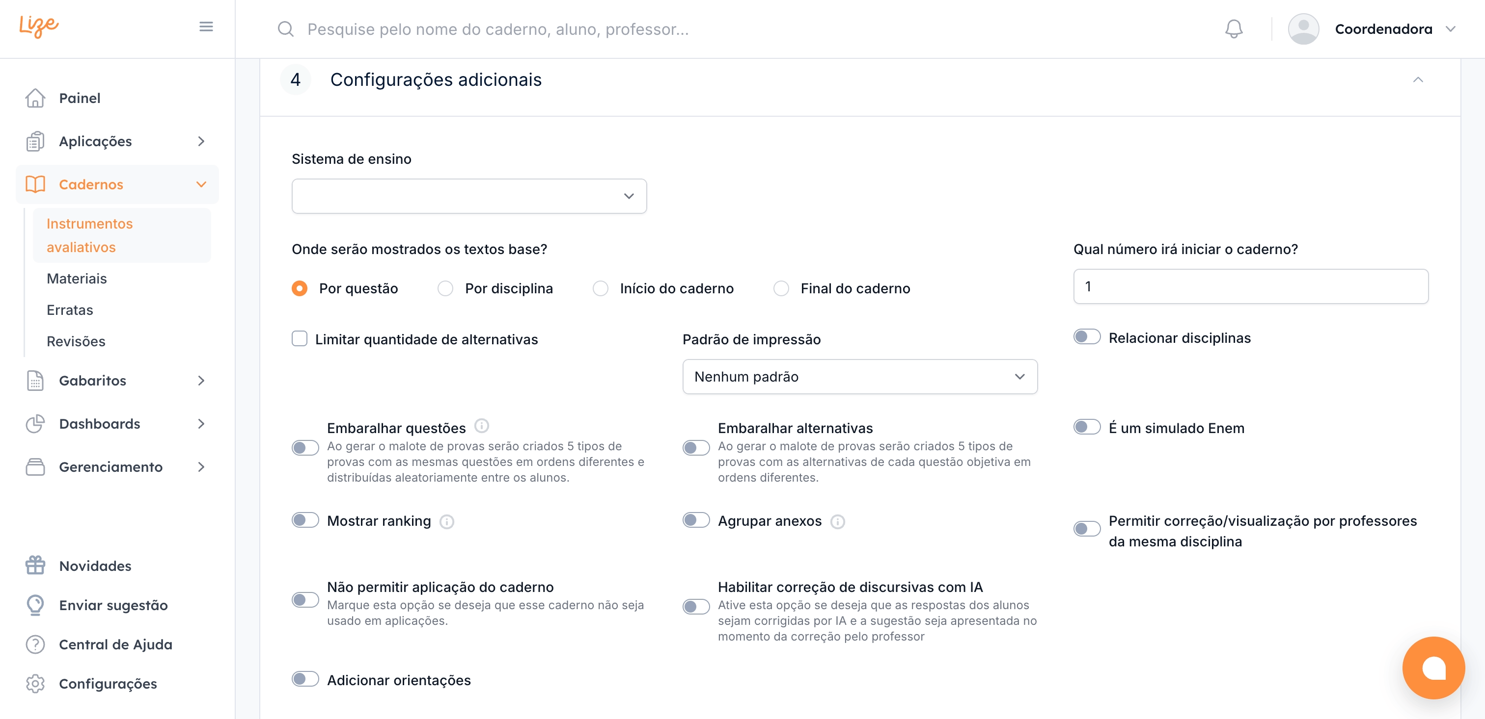 Configurações adicionais do instrumento avaliativo