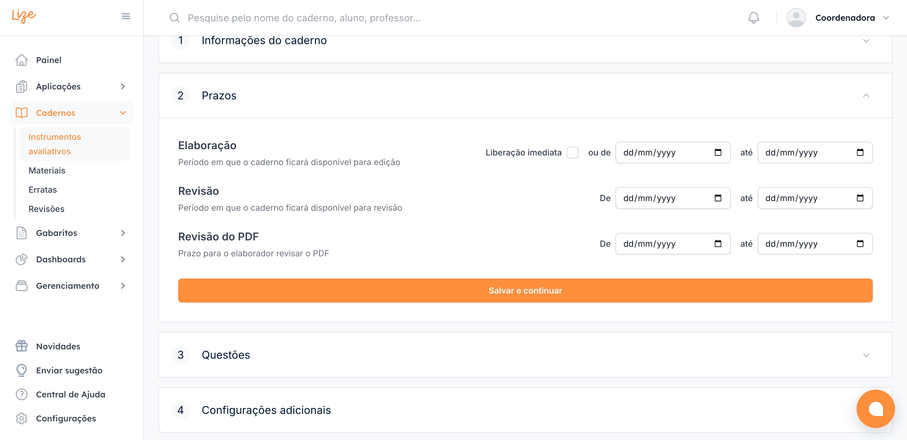 Configuração dos prazos do instrumento avaliativo