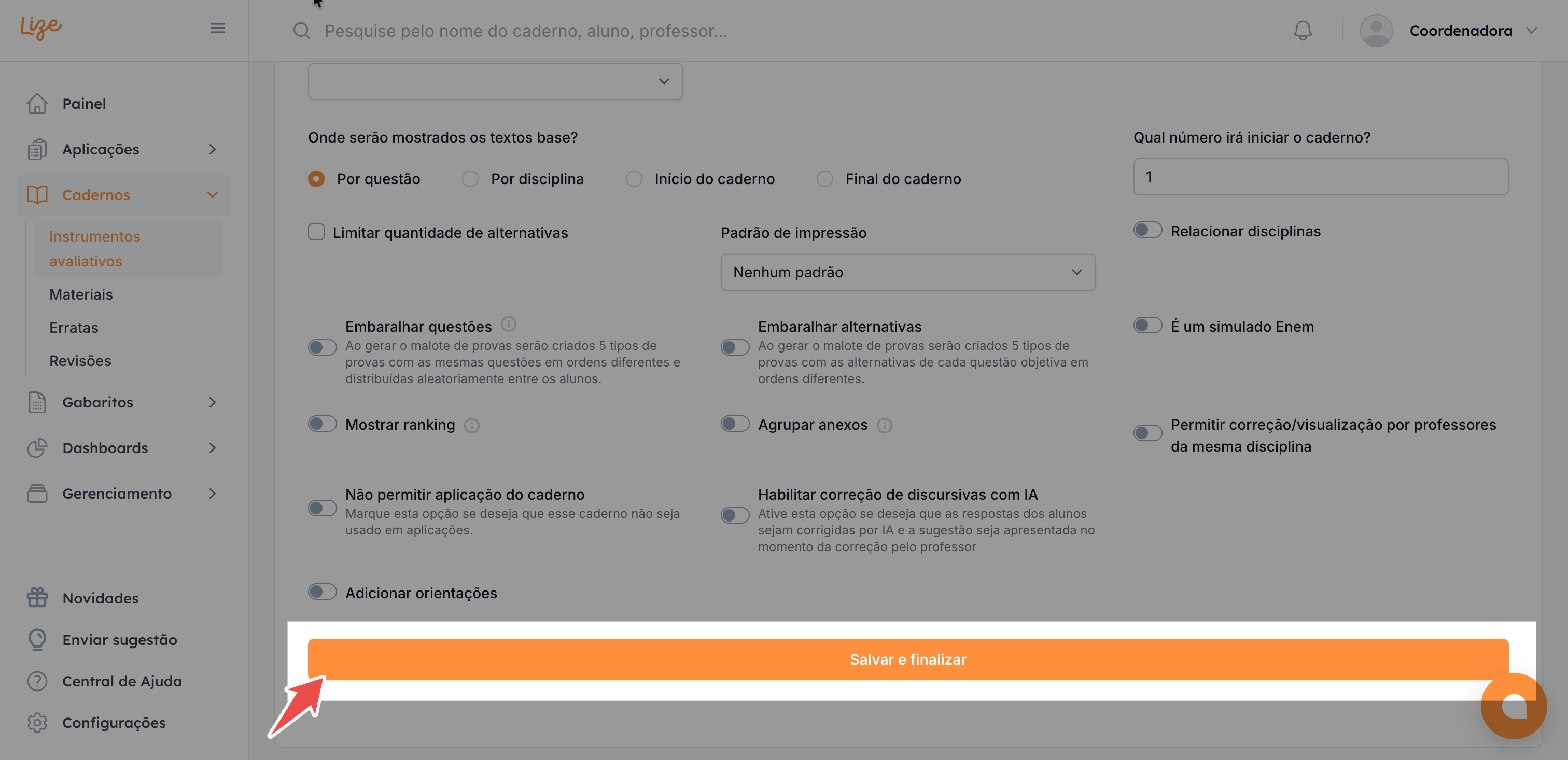 Botão para salvar o caderno