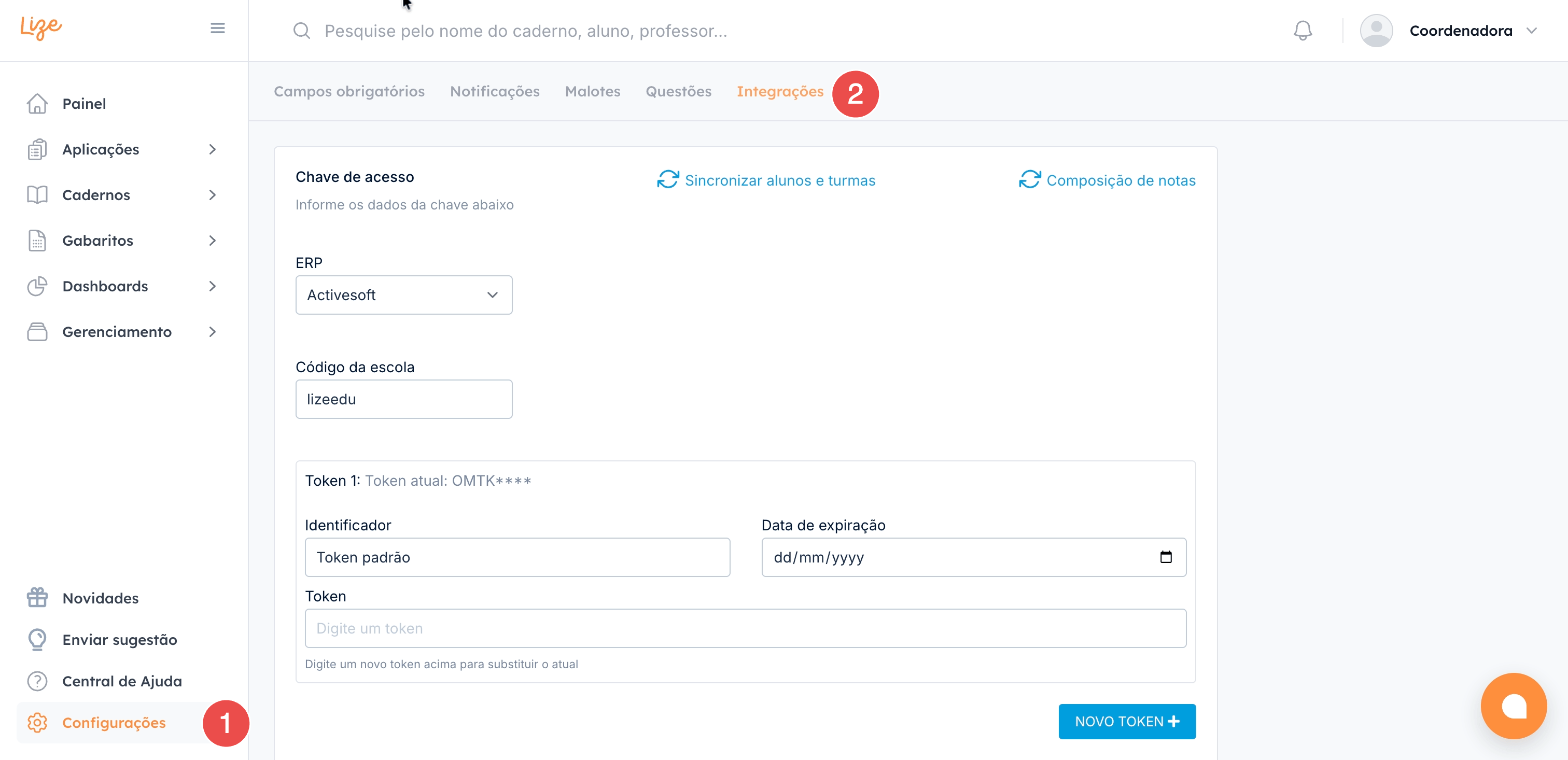 Tela de integrações com configuração do ERP e acesso à sincronização