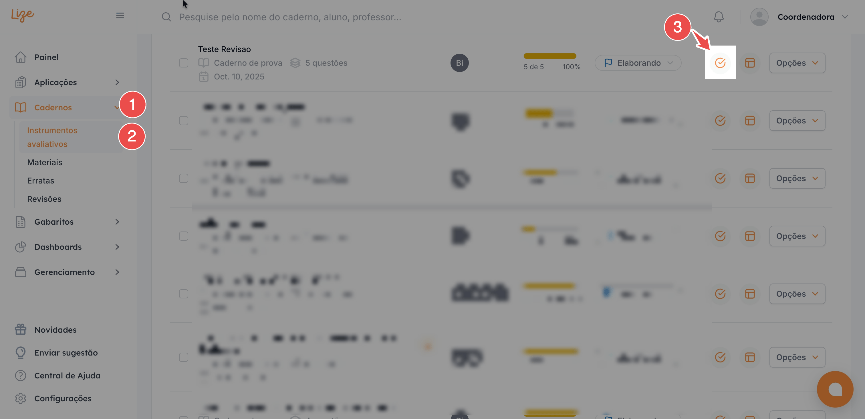 Botão Analisar questões na listagem de cadernos