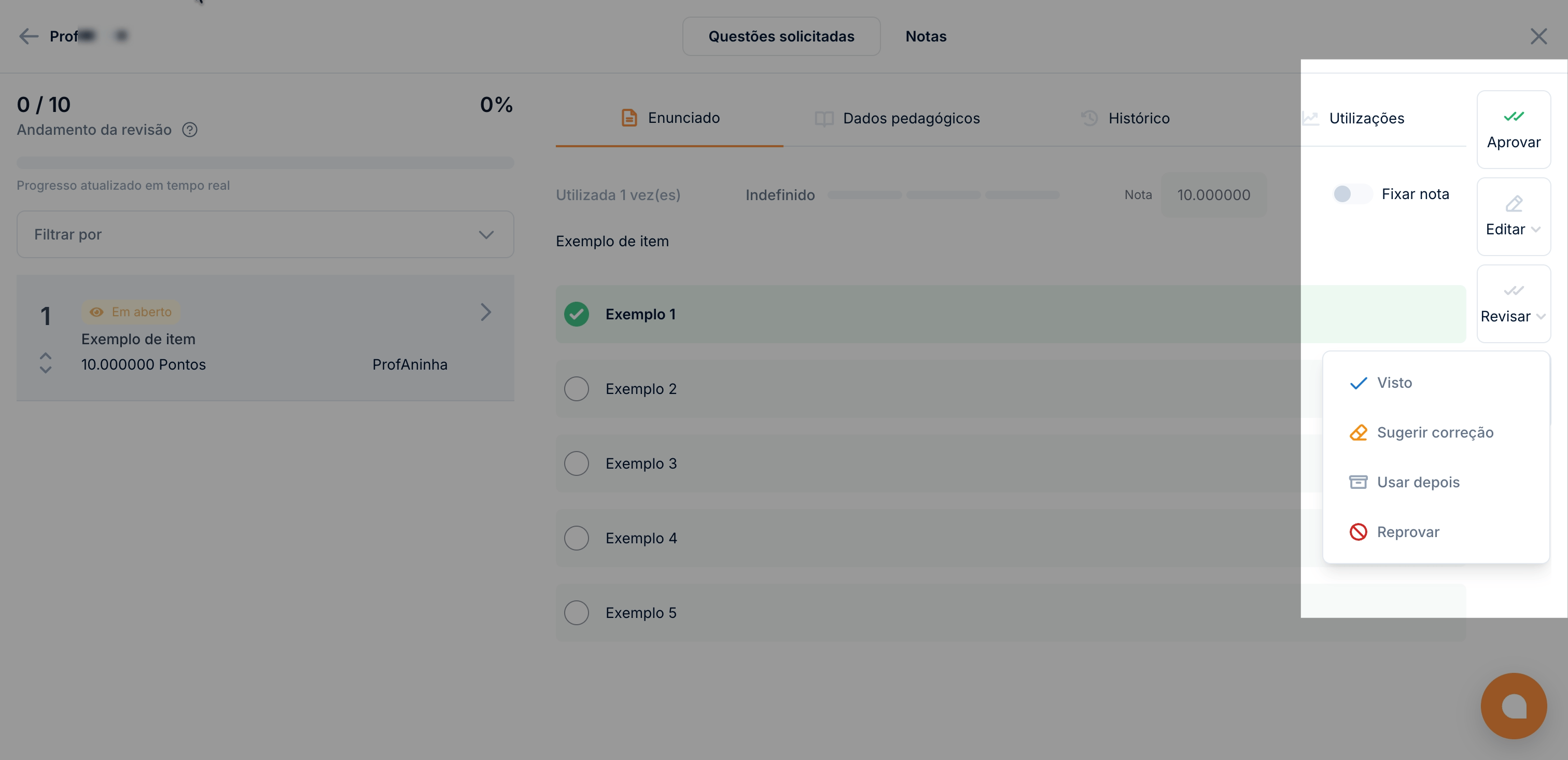 Ações disponíveis para cada questão revisada