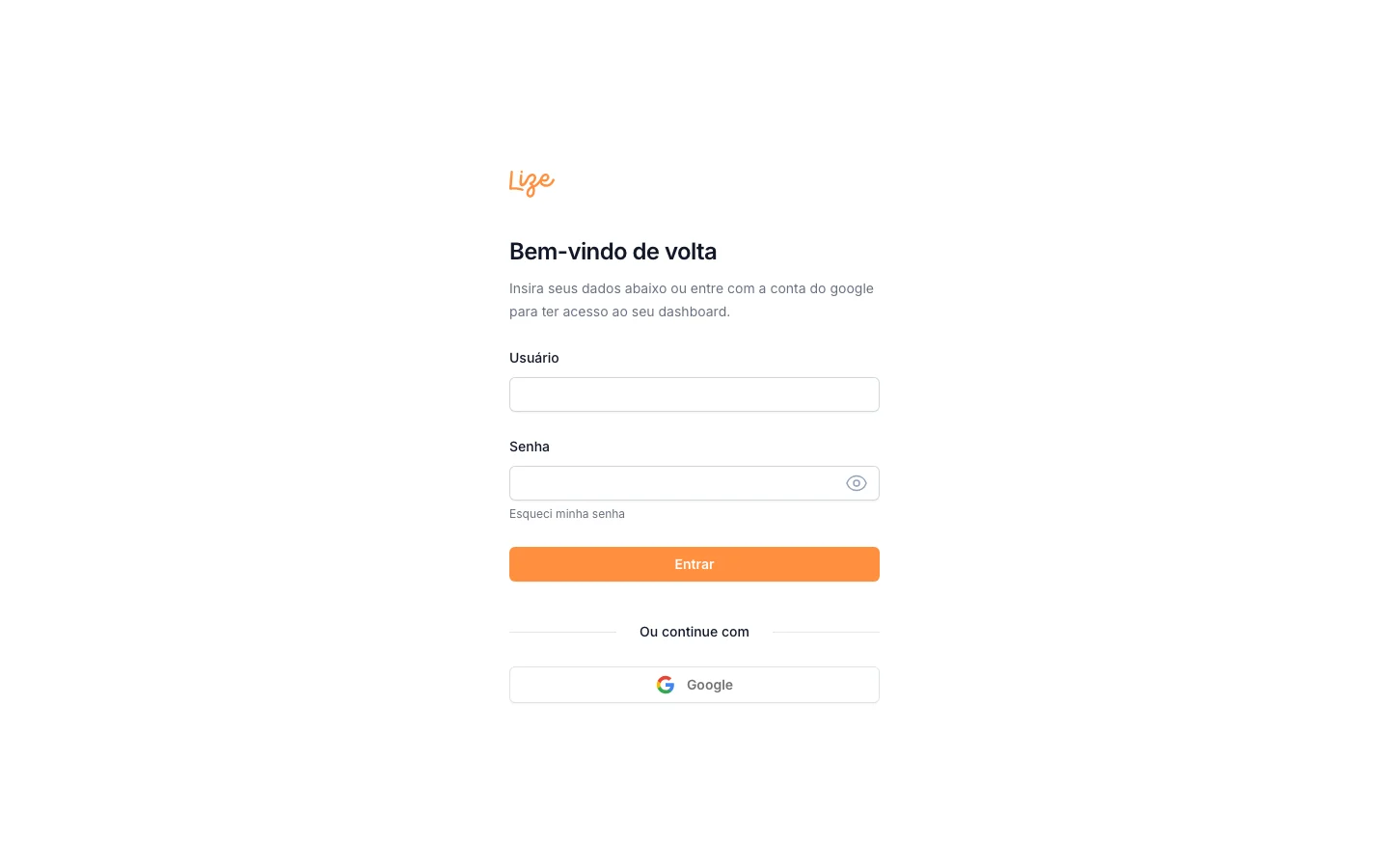 Tela de login da plataforma Lize