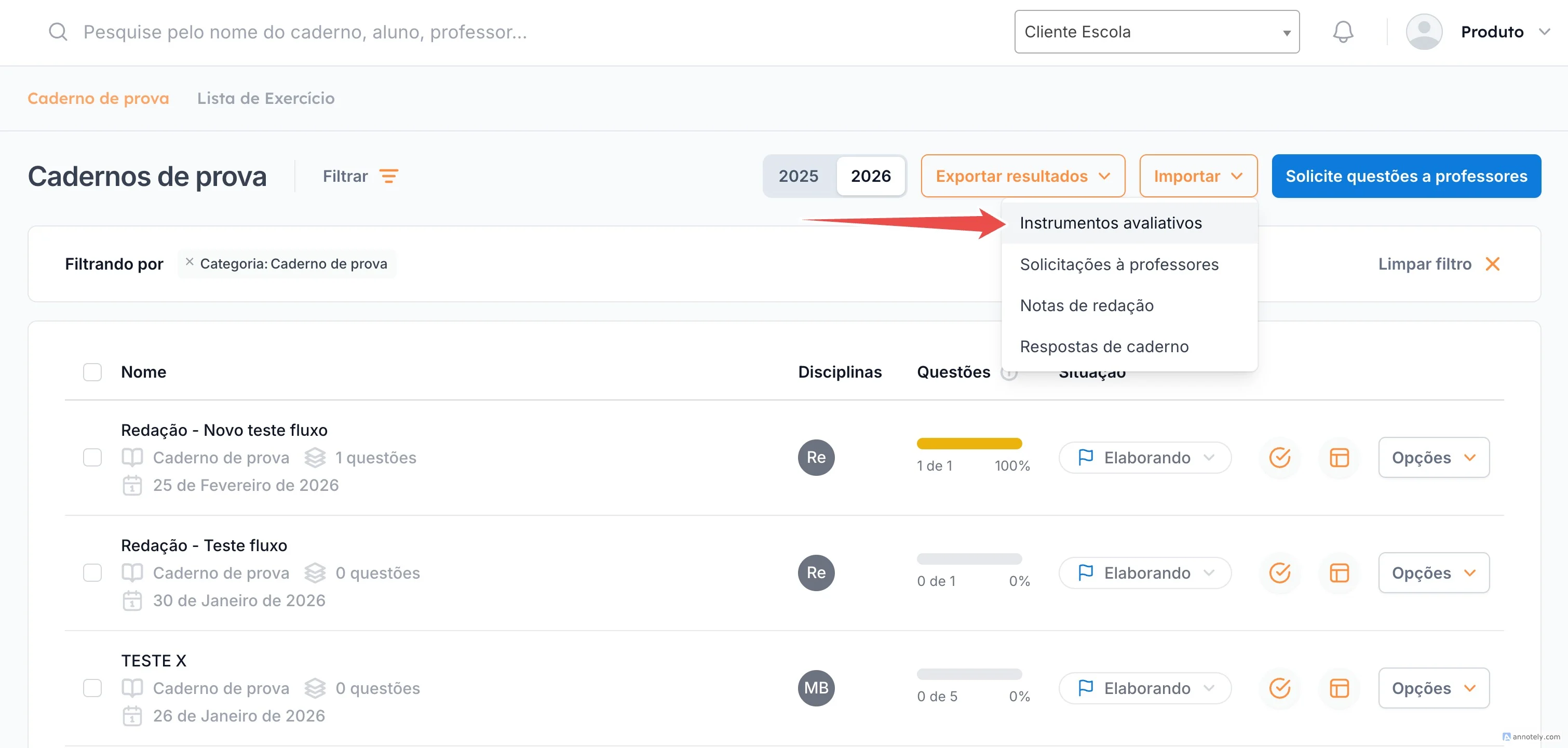 Exemplo de planilha para criação de cadernos em massa