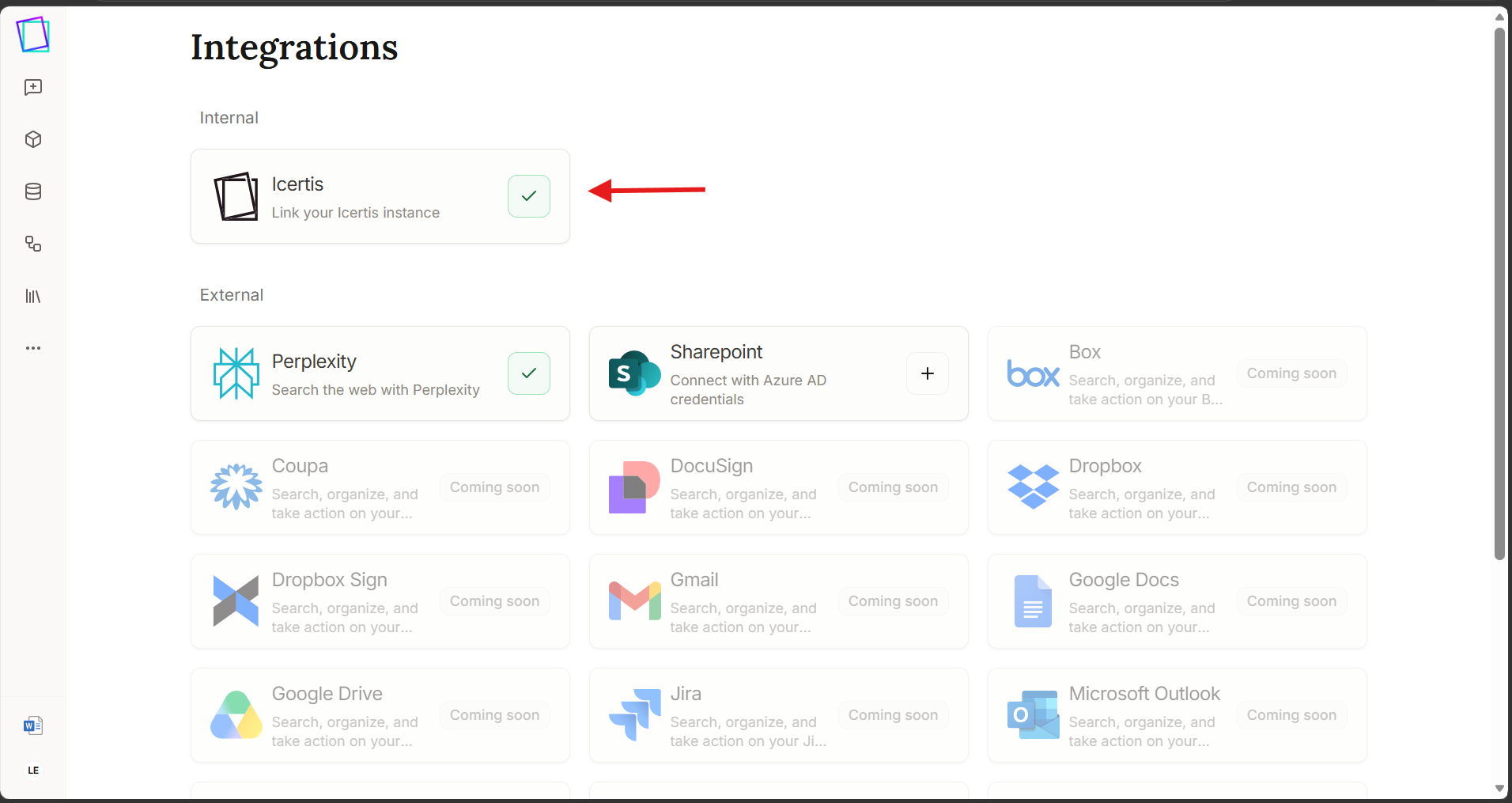 Integrations page with Icertis selected