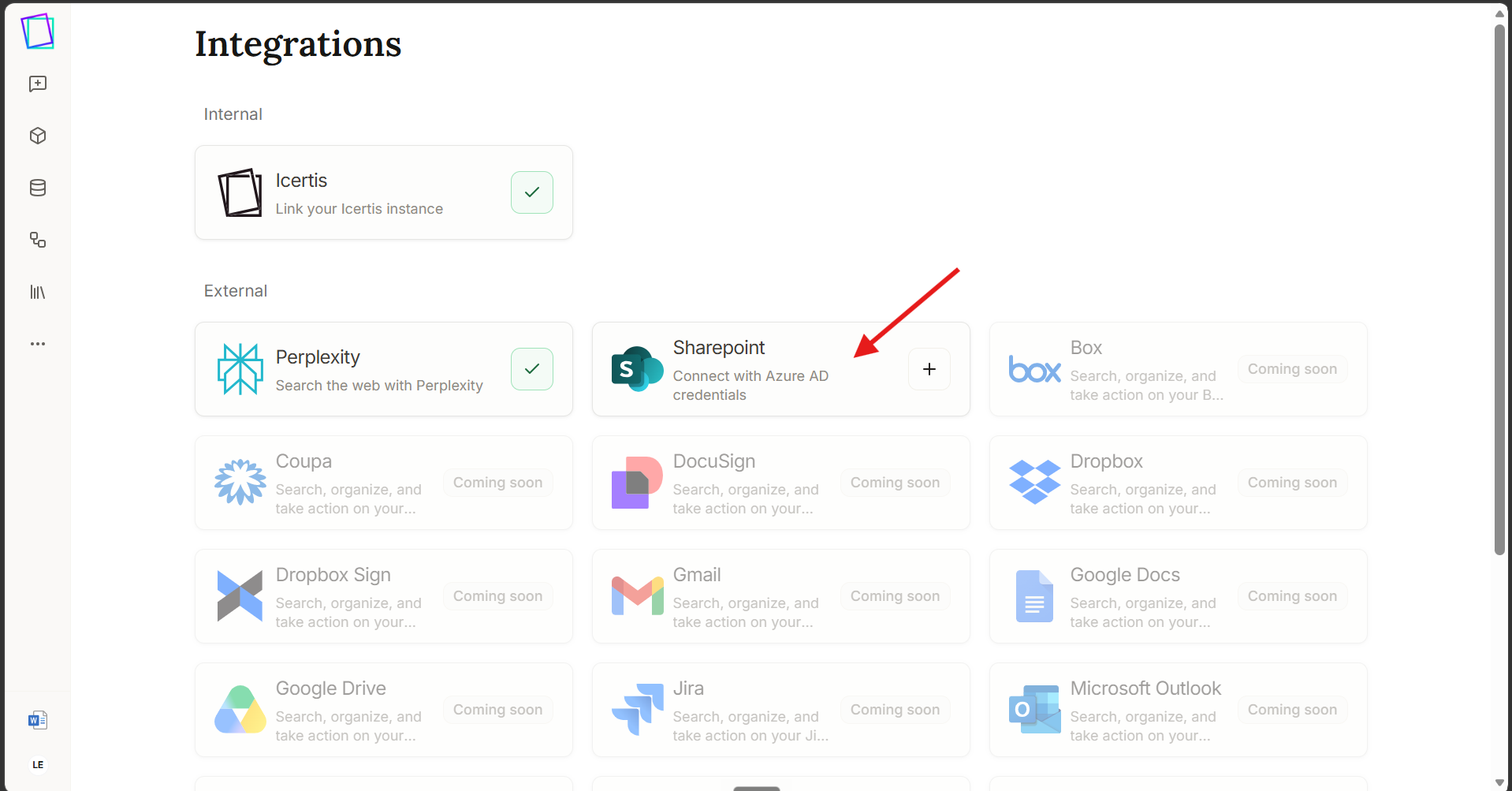 Integrations page with Sharepoint selected